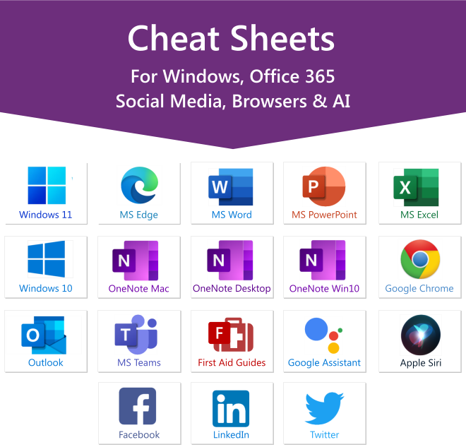 Cheatsheets for Windows - Edge - Chrome - Office365 - Google Assistant - Apple Siri - Facebook - LinkedIn - Twitter