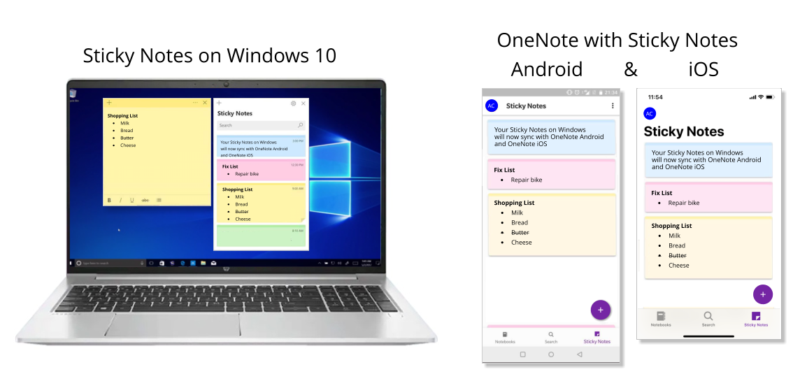 OneNote SickyNotes on Win10 Android & iOS